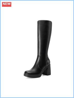 Women's Knee High Platform Heel Boots Faux Leather Square Toe Equestrian